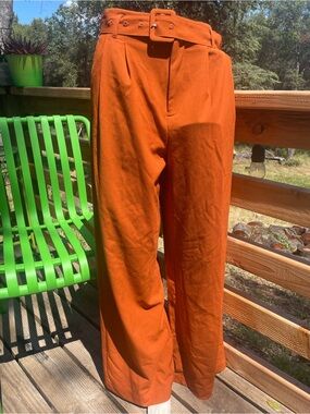 High-Waist Belted retro style Wide-Leg Pants/trousers- rust Orange